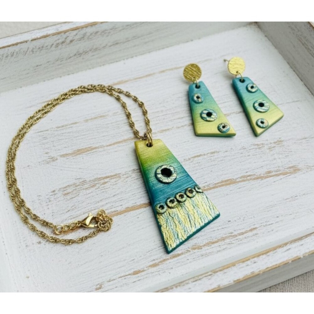 Handmade Teal and Metallic Gold Foil Polymer Clay Pendant Necklace & Earring Set